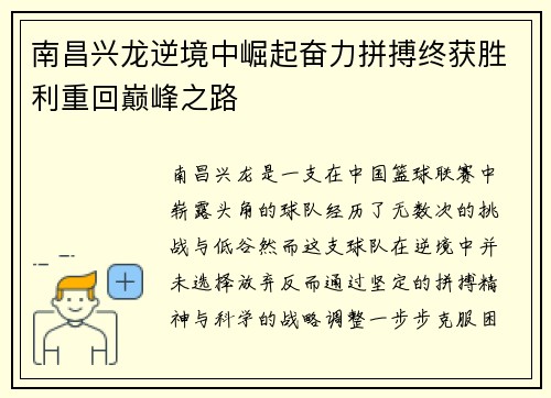 南昌兴龙逆境中崛起奋力拼搏终获胜利重回巅峰之路