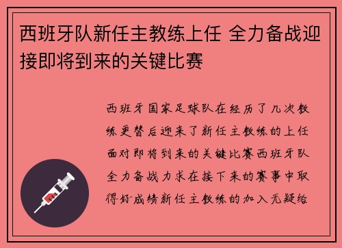 西班牙队新任主教练上任 全力备战迎接即将到来的关键比赛