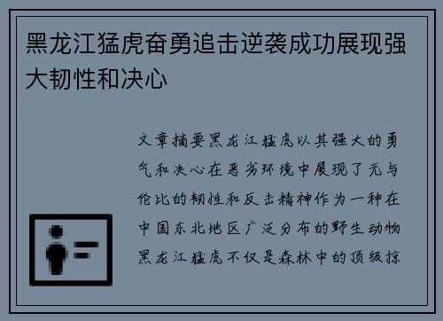 黑龙江猛虎奋勇追击逆袭成功展现强大韧性和决心