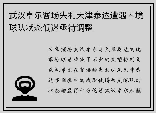 武汉卓尔客场失利天津泰达遭遇困境球队状态低迷亟待调整